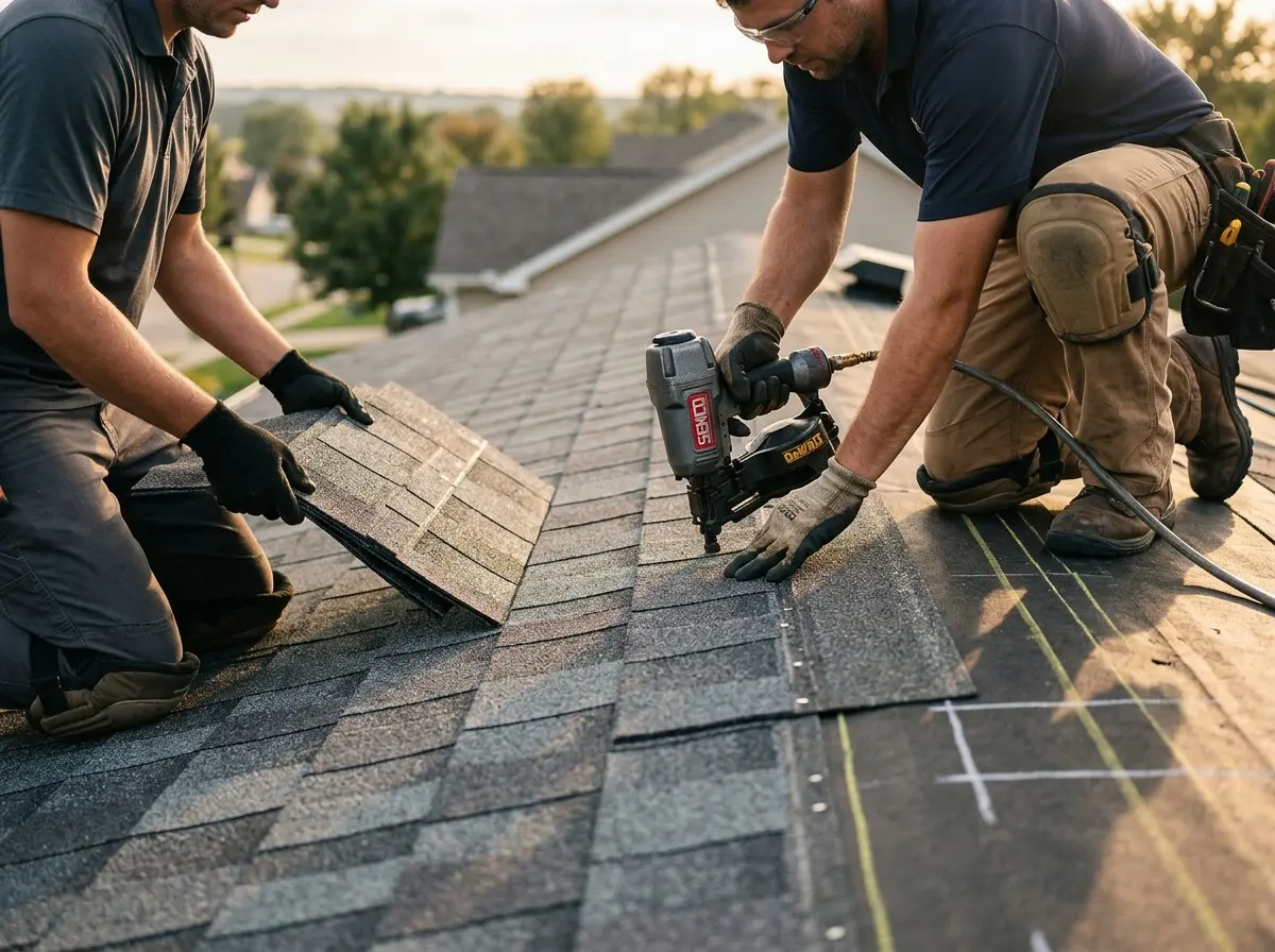 Professional roofer working on a residential roof in Canandaigua